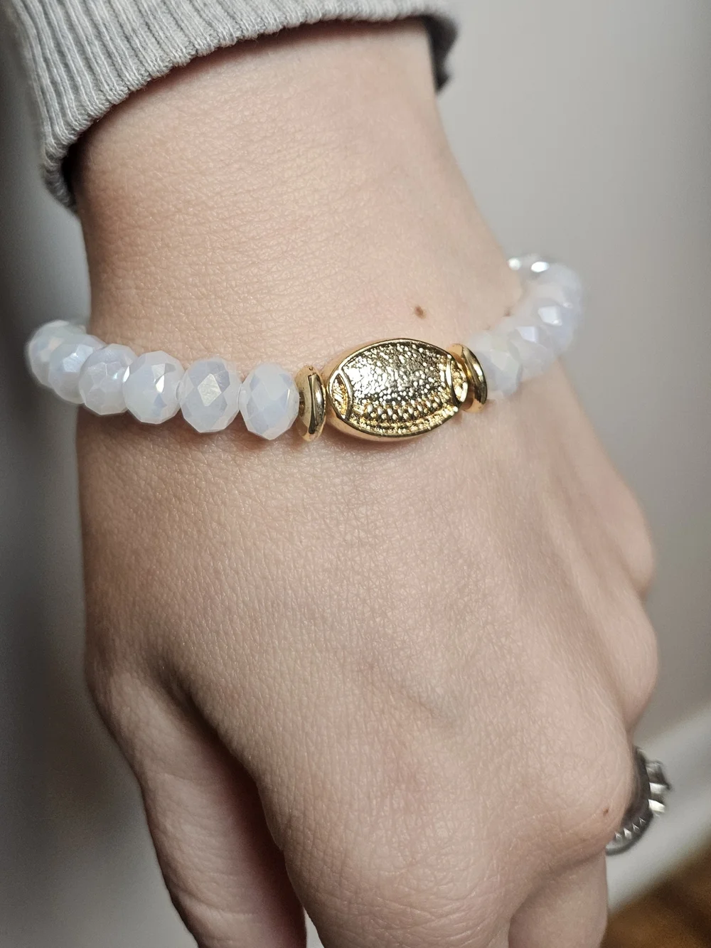 Faceted White Bead Bracelet with Gold Oval Accent - Women's Jewelry